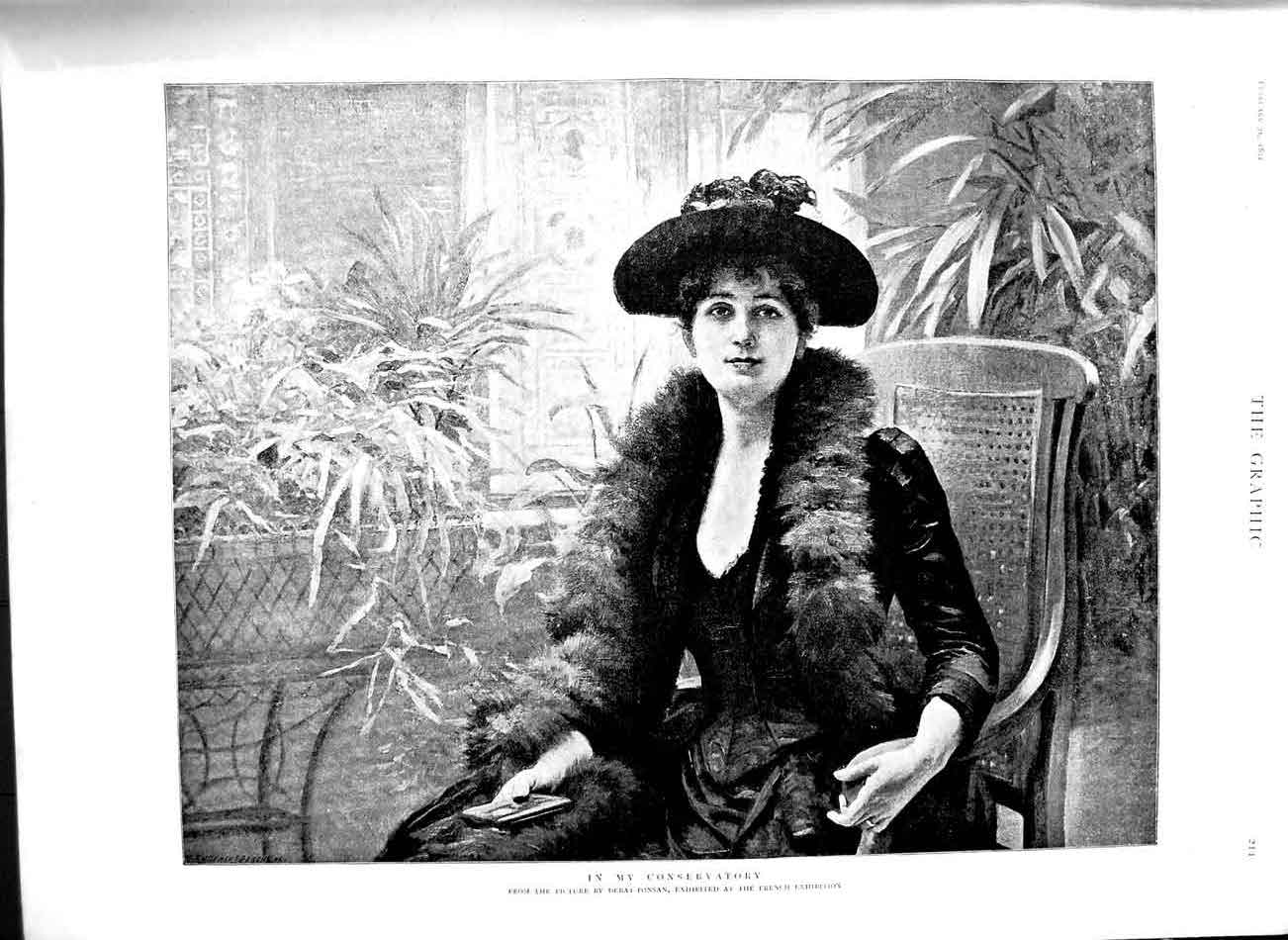 Original Old Antique Print 1891 Fine Art Beautiful Lady Conservatory Scene 19th