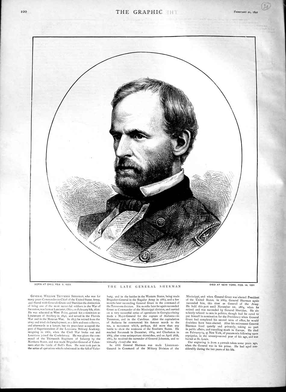 Original Old Antique Print 1891 Portrait General William Tecumseh Sherman 19th