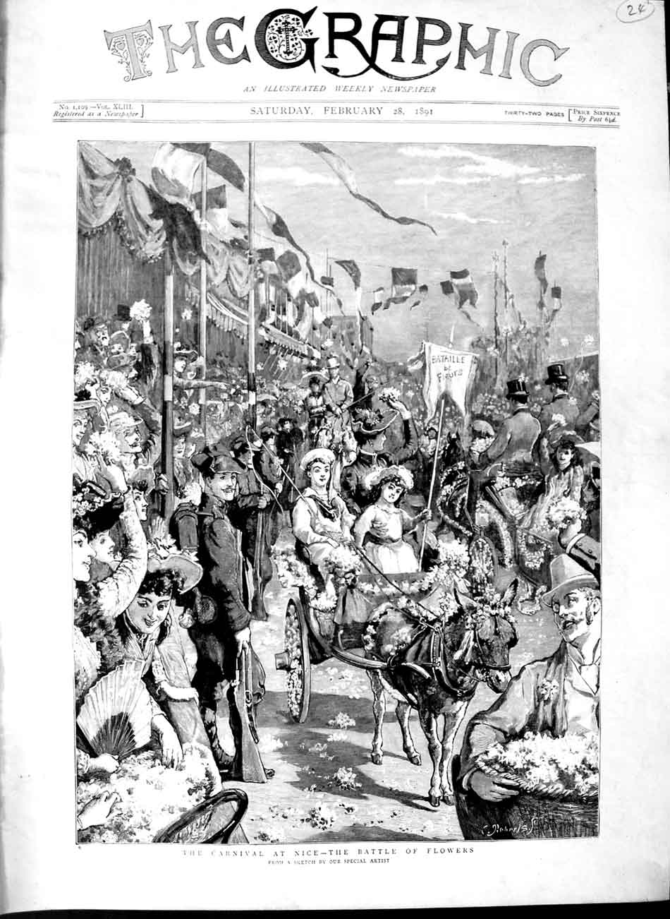 Old Antique Print 1891 Scene Carnival Nice Battle Flowers France Donkey 19th