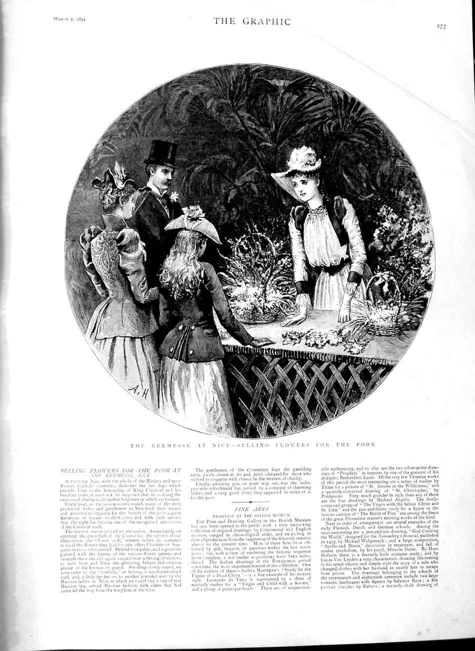 Old Antique Print 1891 Kermesse Nice France Selling Flowers Poor People 19th
