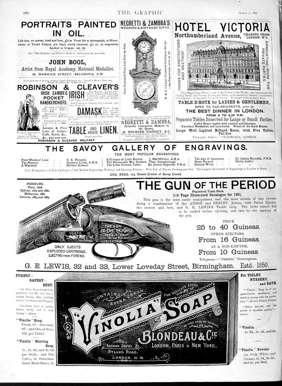 Original Old Antique Print 1891 Advertisement Vinolia Soap Gun Hotel Victoria