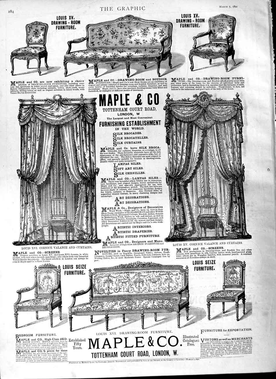Original Old Antique Print 1891 Advertisement Maple & Co Furnishing Furniture