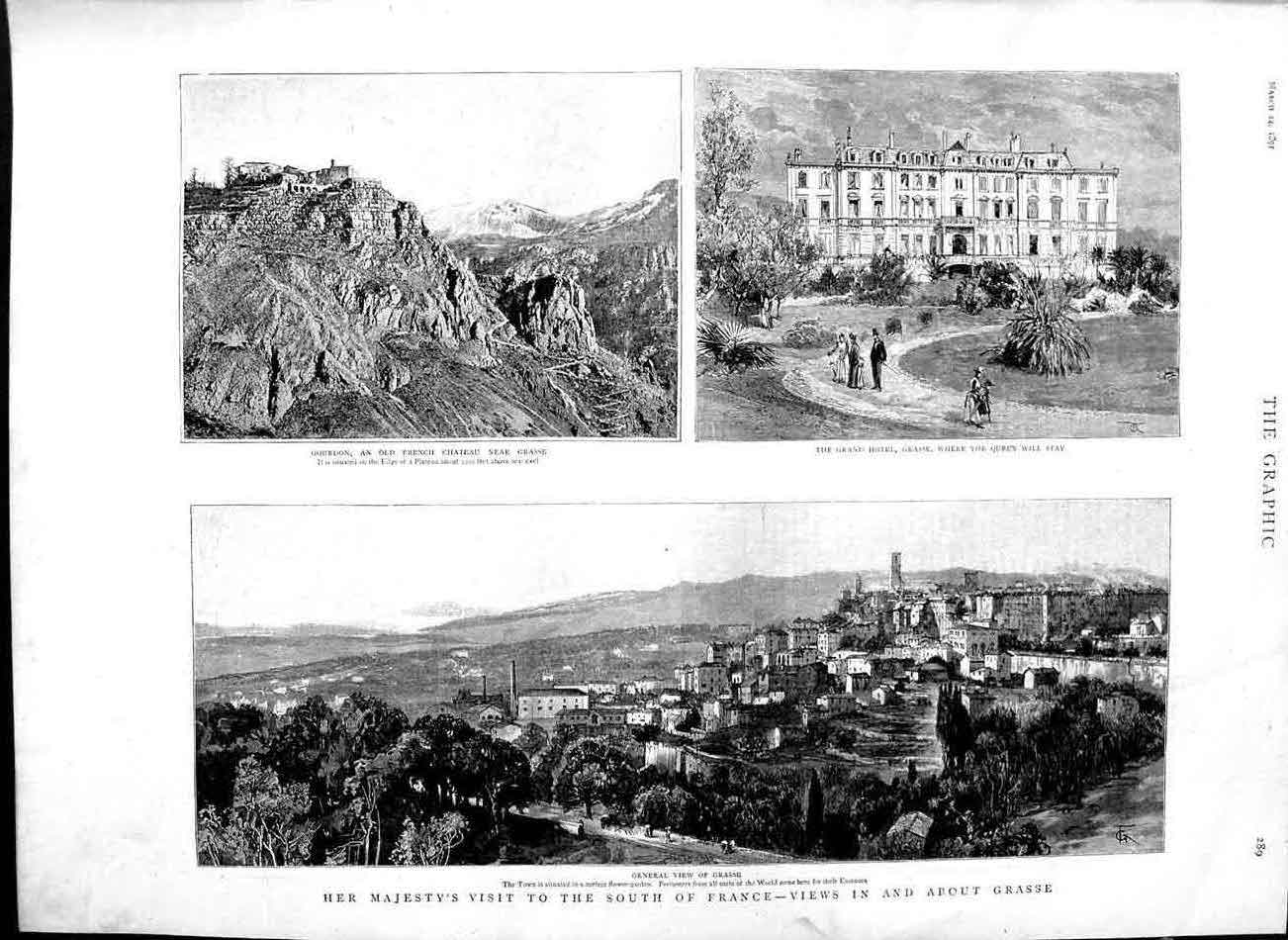 Old Antique Print 1891 Queen France Grasse Hotel Gourdon French Chateau 19th