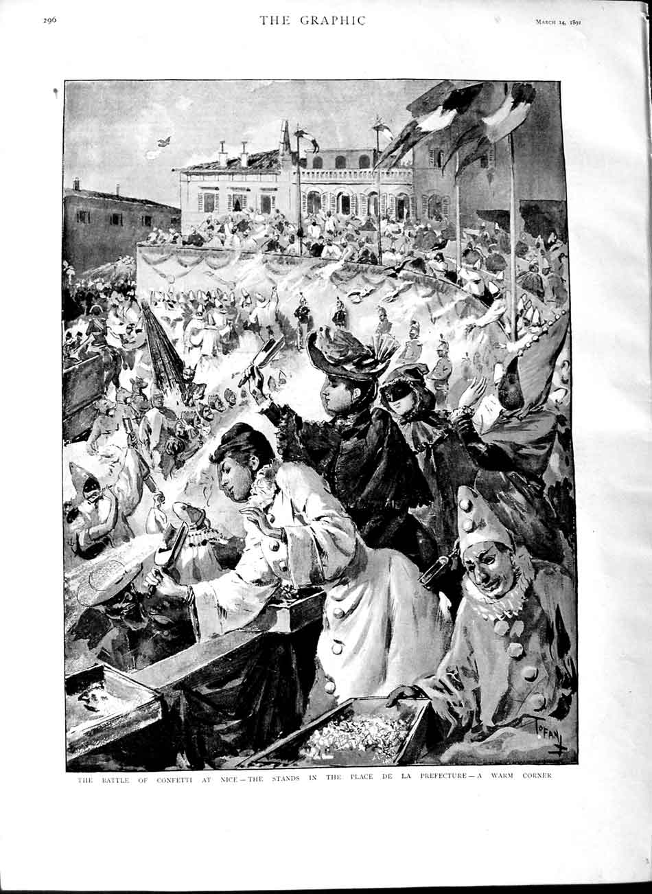 Old Antique Print 1891 Battle Confetti Nice France Place De La Prefecture 19th