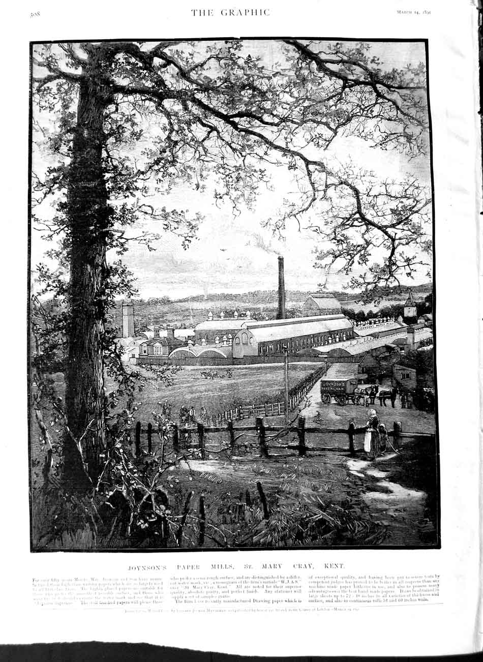 Original Old Antique Print 1891 View Jonson'S Paper Mills St. Mary Cray Kent