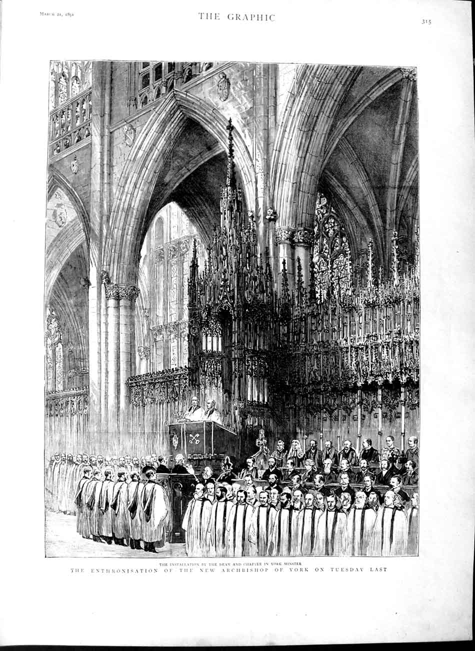 Original Old Antique Print 1891 Enthronisation Archbishop York Dean Cathedral