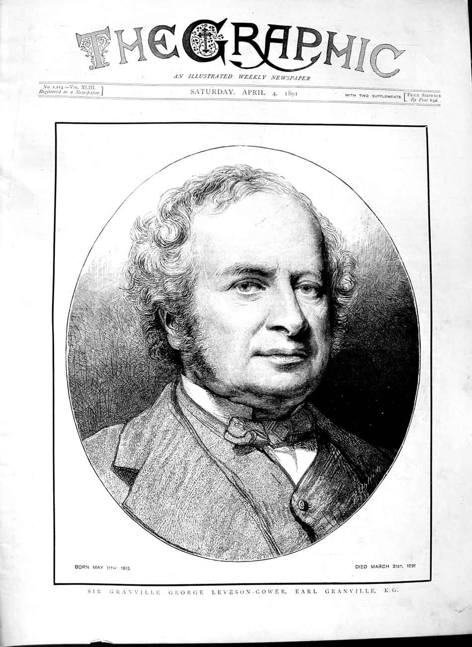Old Antique Print 1891 Sir Granville George Leveson-Gower Earl Portrait 19th