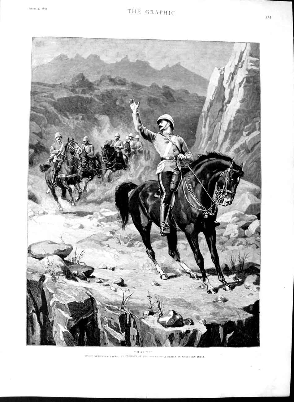 Old Antique Print 1891 War Horse Artillery Horses Defile Northern India 19th