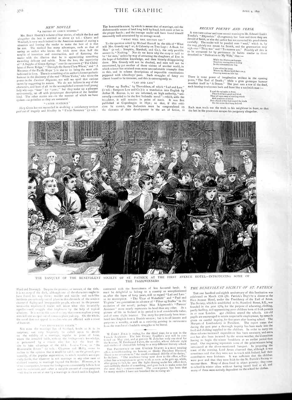 Original Old Antique Print 1891 Anquet Benevolent Society First Avenue Hotel