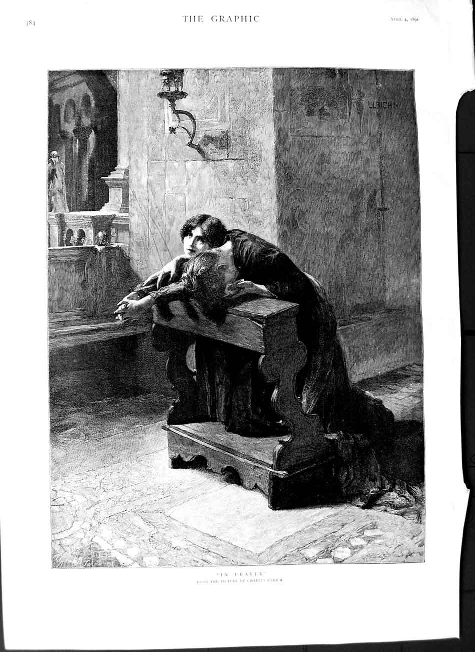 Original Old Antique Print 1891 Fine Art Charles Ulrich People Prayer Church