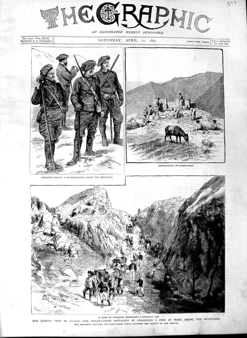 Old Antique Print 1891 Queen Grasse Chasseurs Pied Mountains Observatory 19th
