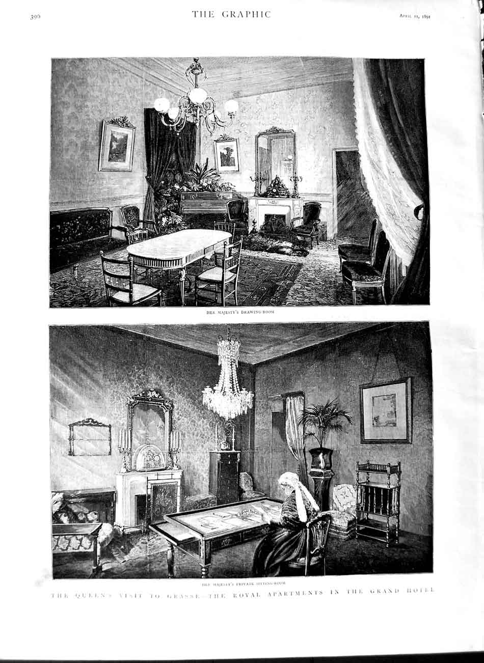 Old Antique Print 1891 Majesty Queen Grasse Royal Apartments Grand Hotel 19th