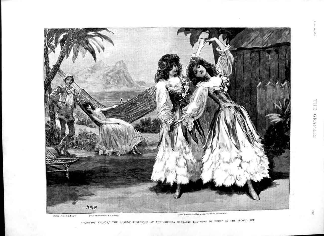 Old Antique Print 1891 Robinson Crusoe Chelsea Barracks Guards Burlesque 19th