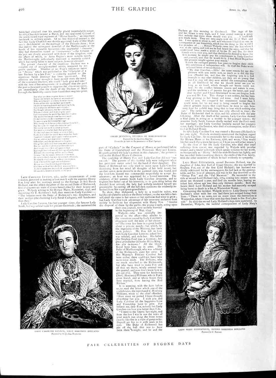 Original Old Antique Print 1891 Sarah Jennings Caroline Lennox Mary Fitzpatrick