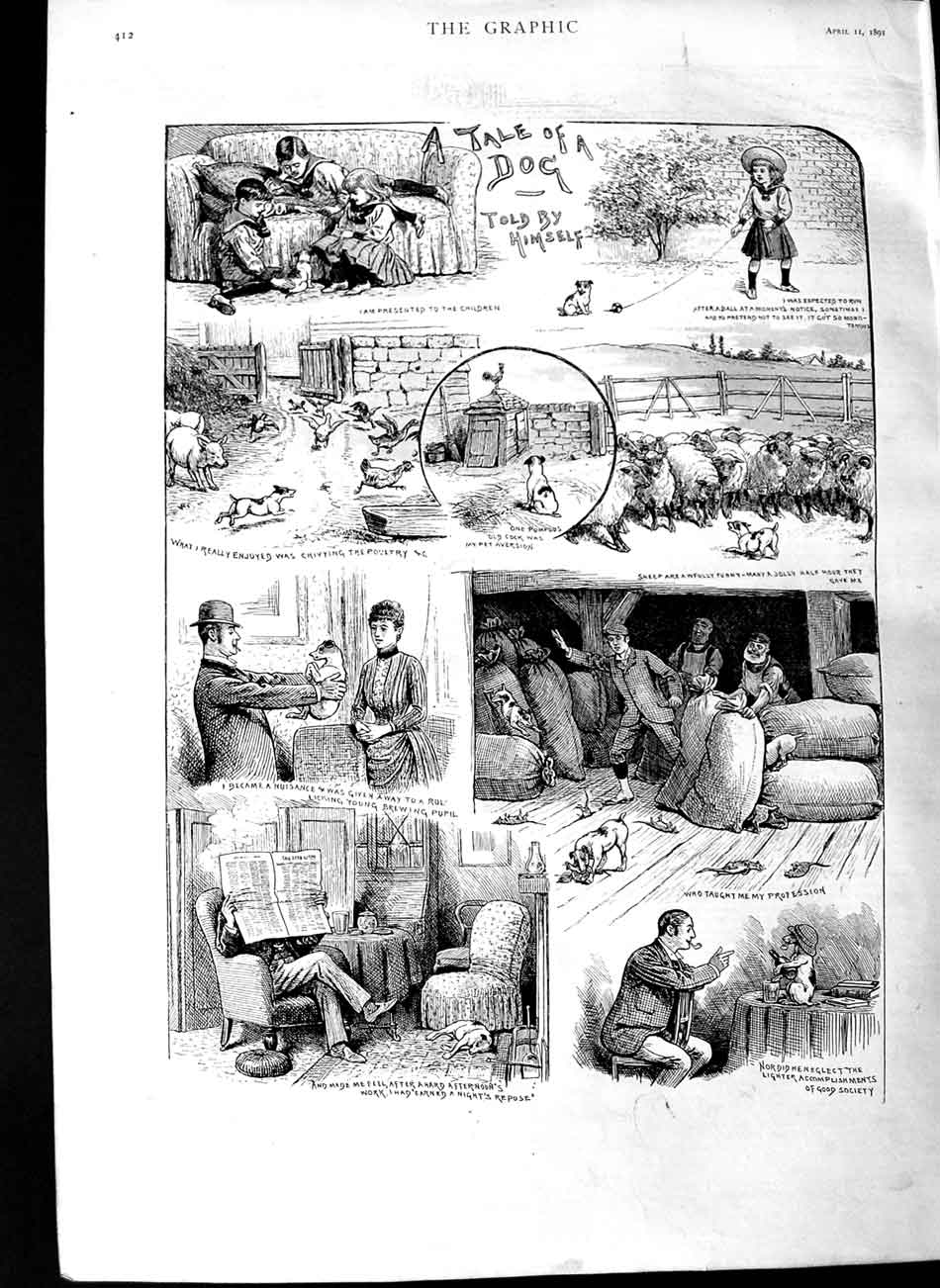 Original Old Antique Print 1891 Story Tale A Dog Farm Sheep Mice 19th