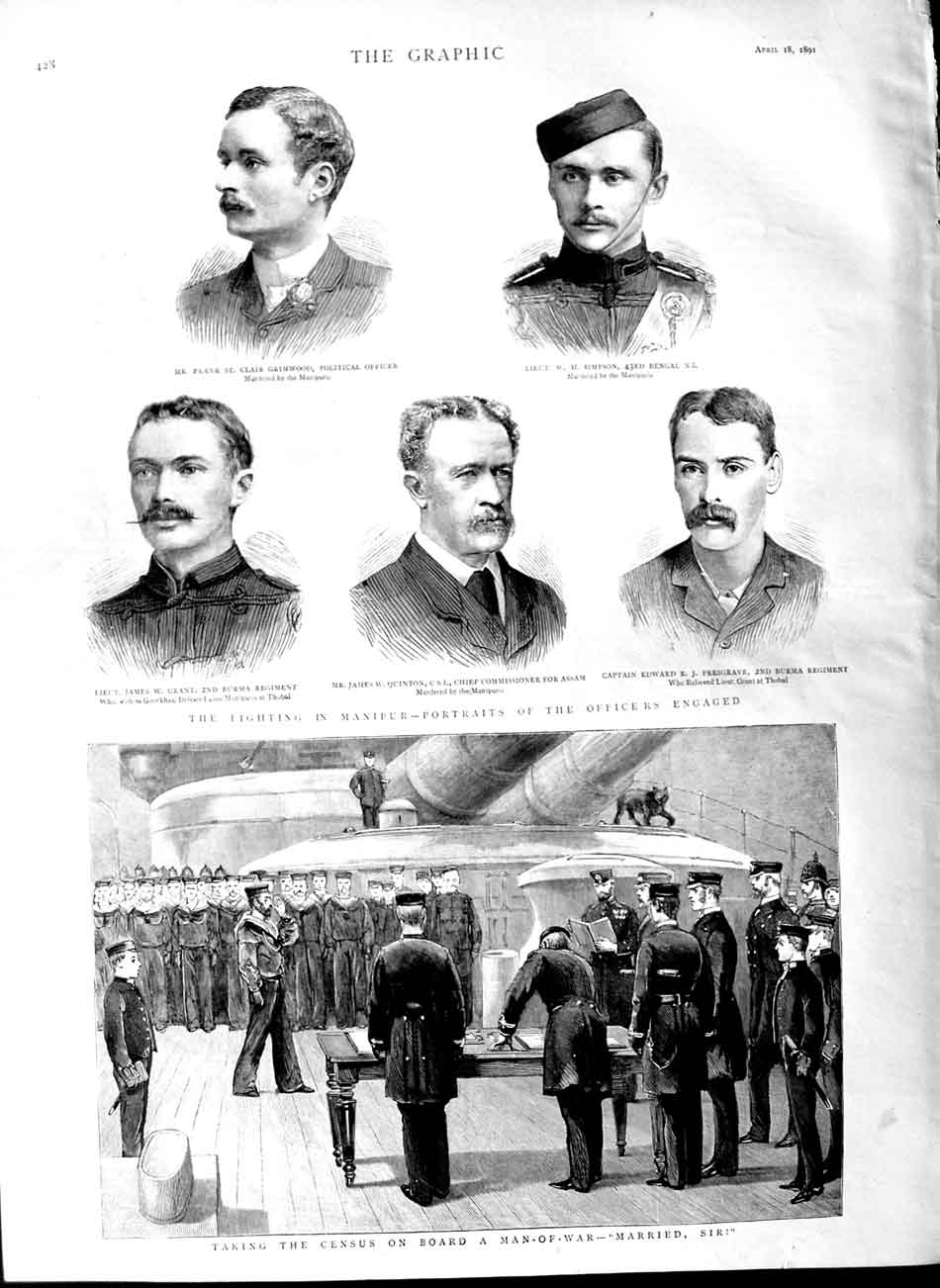 Original Old Antique Print 1891 Man-Of-War Ship Census Manipur Officers Simpson