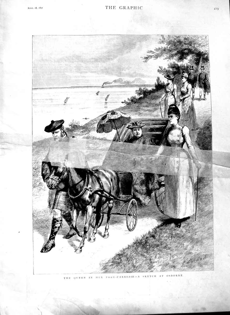 Original Old Antique Print 1891 Queen Pony Carriage Osborne Damaged Victorian