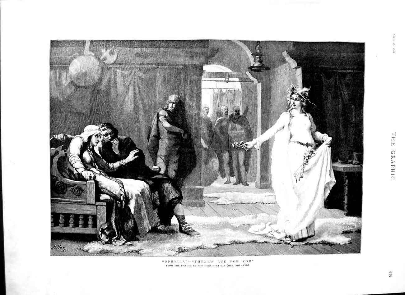Original Old Antique Print 1891 Scene Ophelia Theatre Henrietta Rae Normand