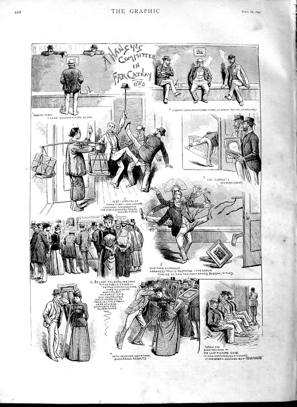 Original Old Antique Print 1891 Cathay Committee Meeting John Chinaman Men 19th