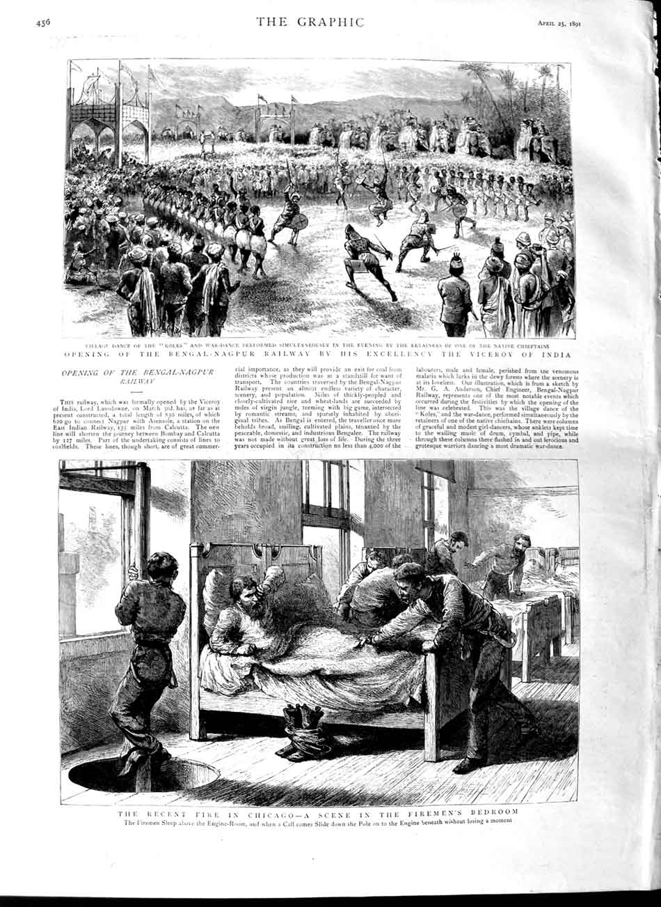 Old Antique Print 1891 Fire Chicago Firemen Bedroom Bengal-Nagpur Railway 19th