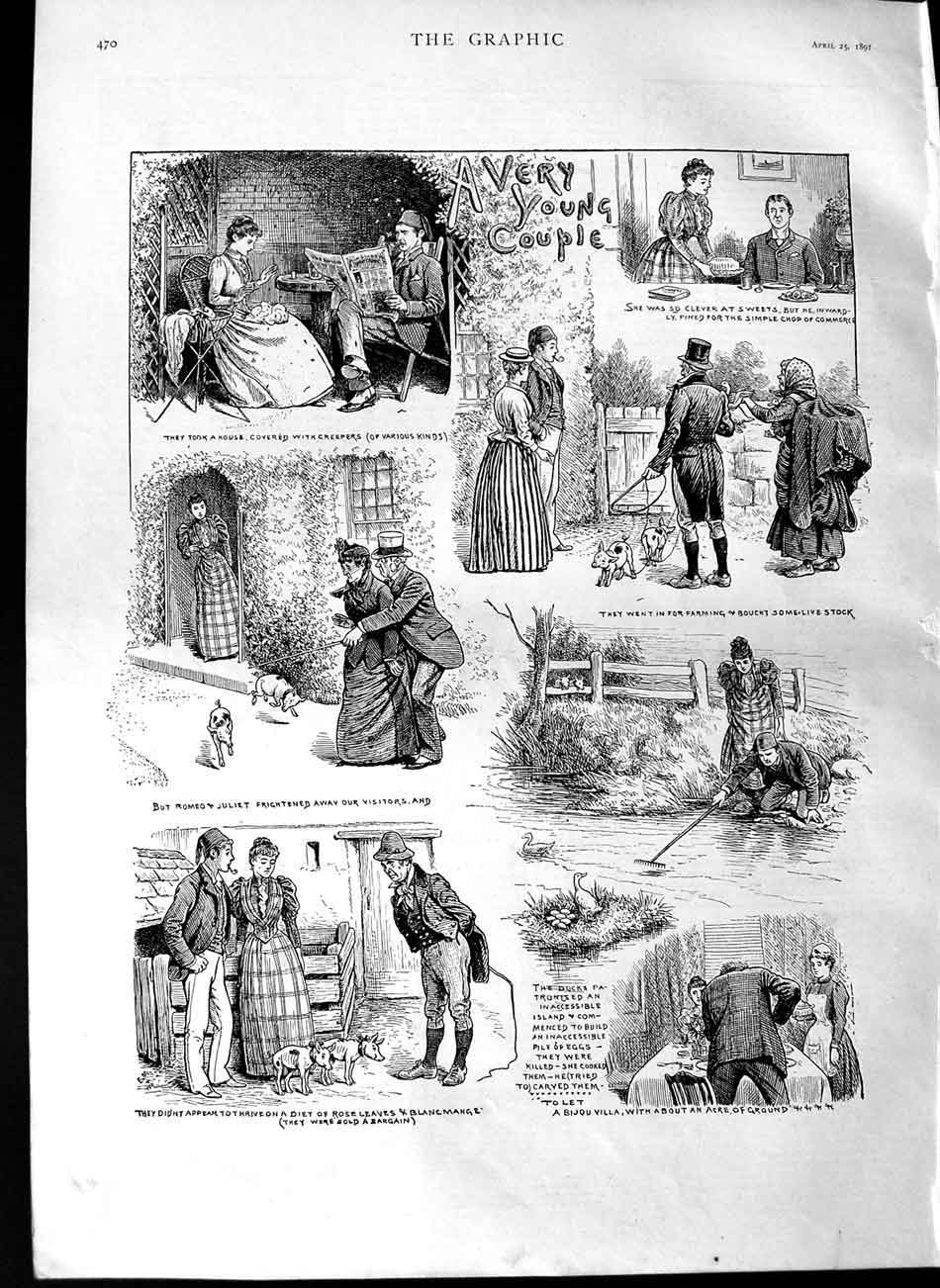 Original Old Antique Print 1891 Sketches Young Couple Romance Pigs Ducks Farm