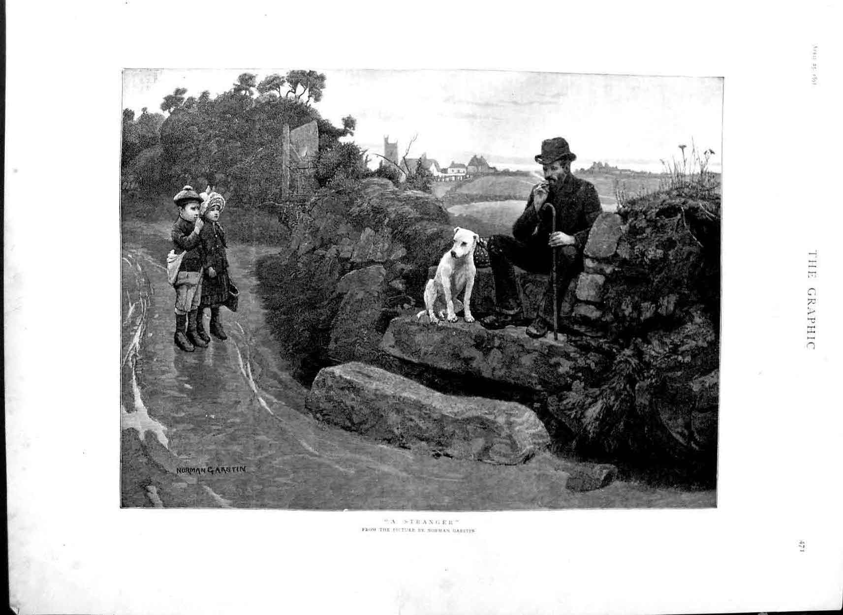 Original Old Antique Print 1891 Garstin Fine Art Little Children Man Dog Street