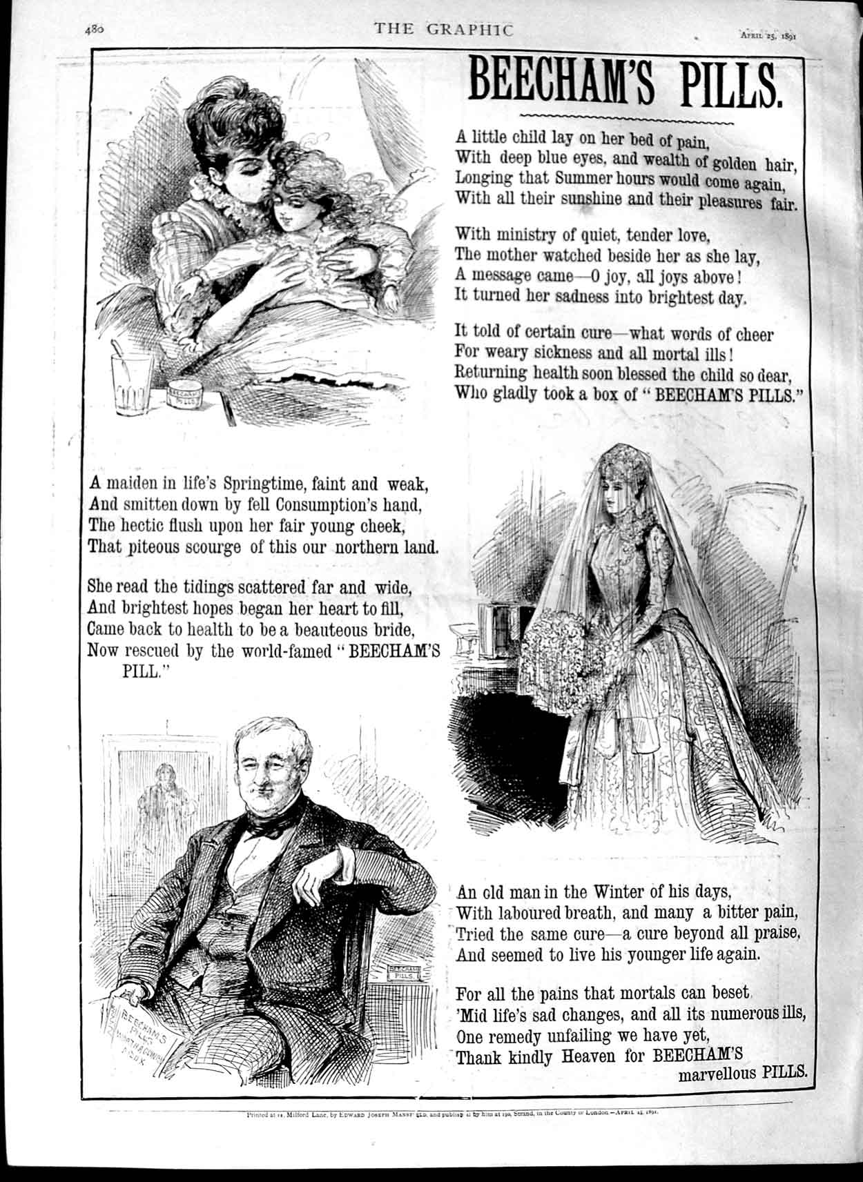 Original Old Antique Print 1891 Advertisement Beechams Pills Medicine Victorian