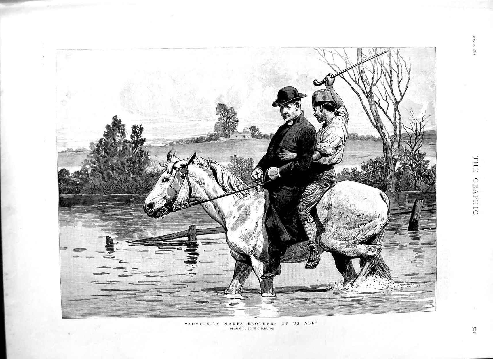 Original Old Antique Print 1891 John Charlton Priest Man Horse River Trees 19th
