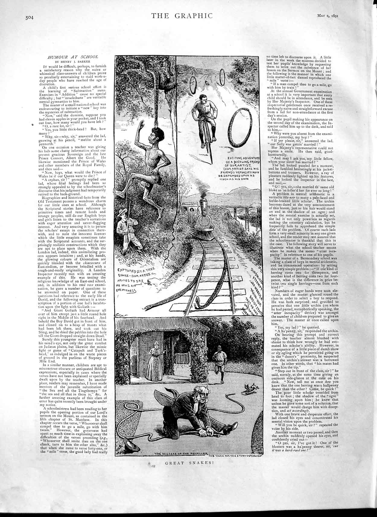Original Old Antique Print 1891 Great Snakes Comedy Railway Native Victorian