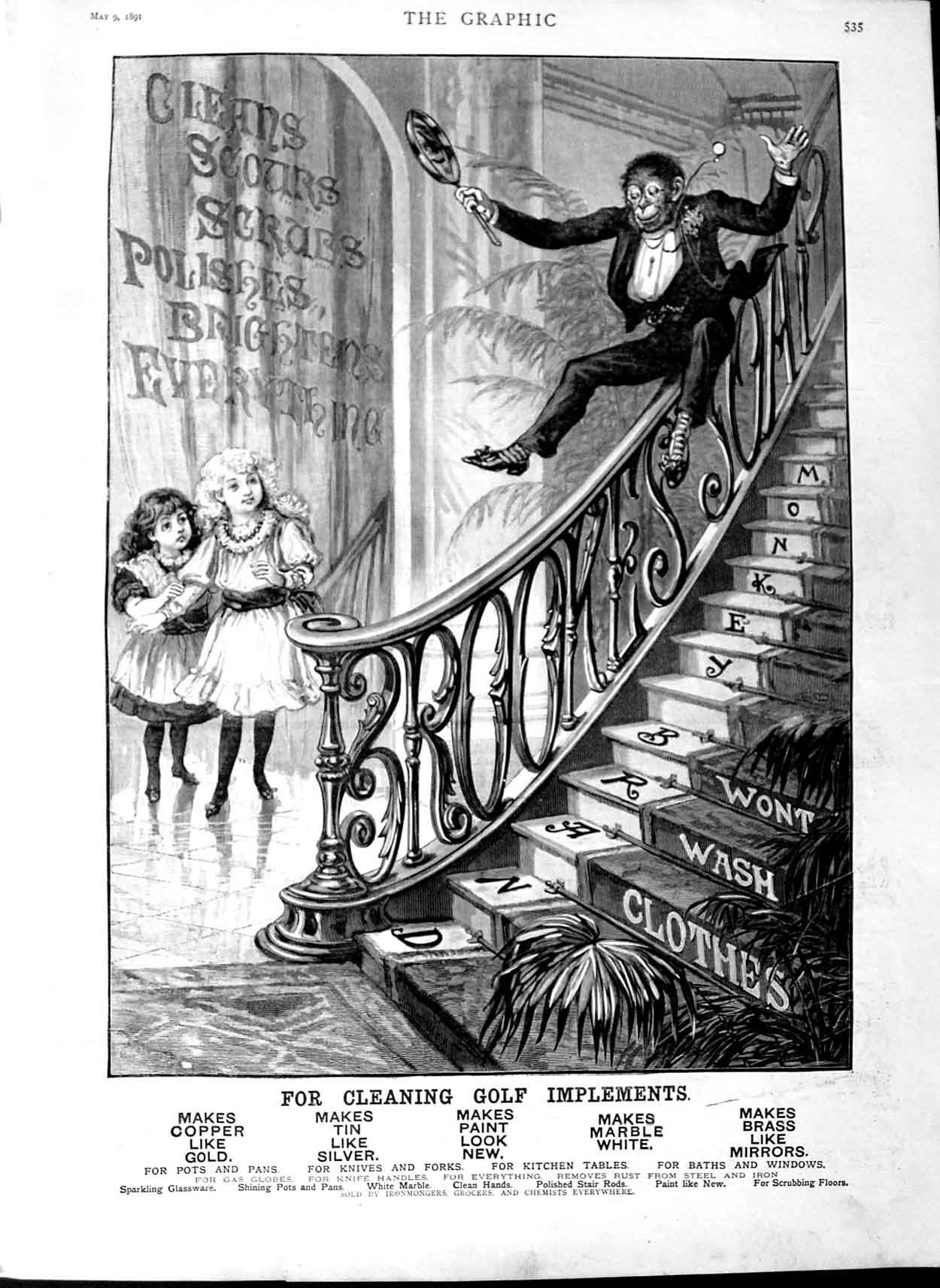 Original Old Antique Print 1891 Advertisement Brookes Monkey Brand Soap Washing