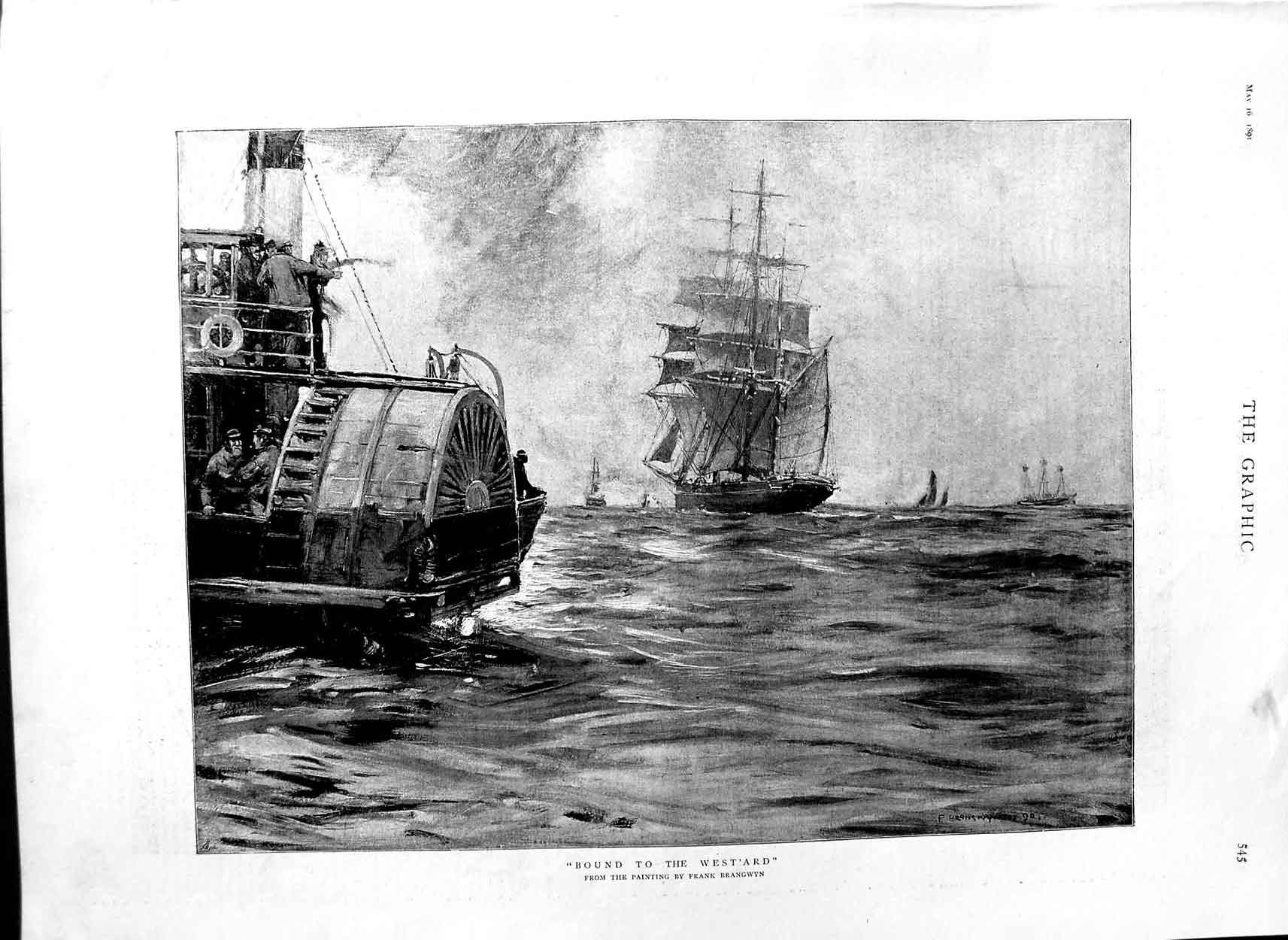 Original Old Antique Print 1891 Frank Brangwyn Fine Art War Ships Sea Steamer
