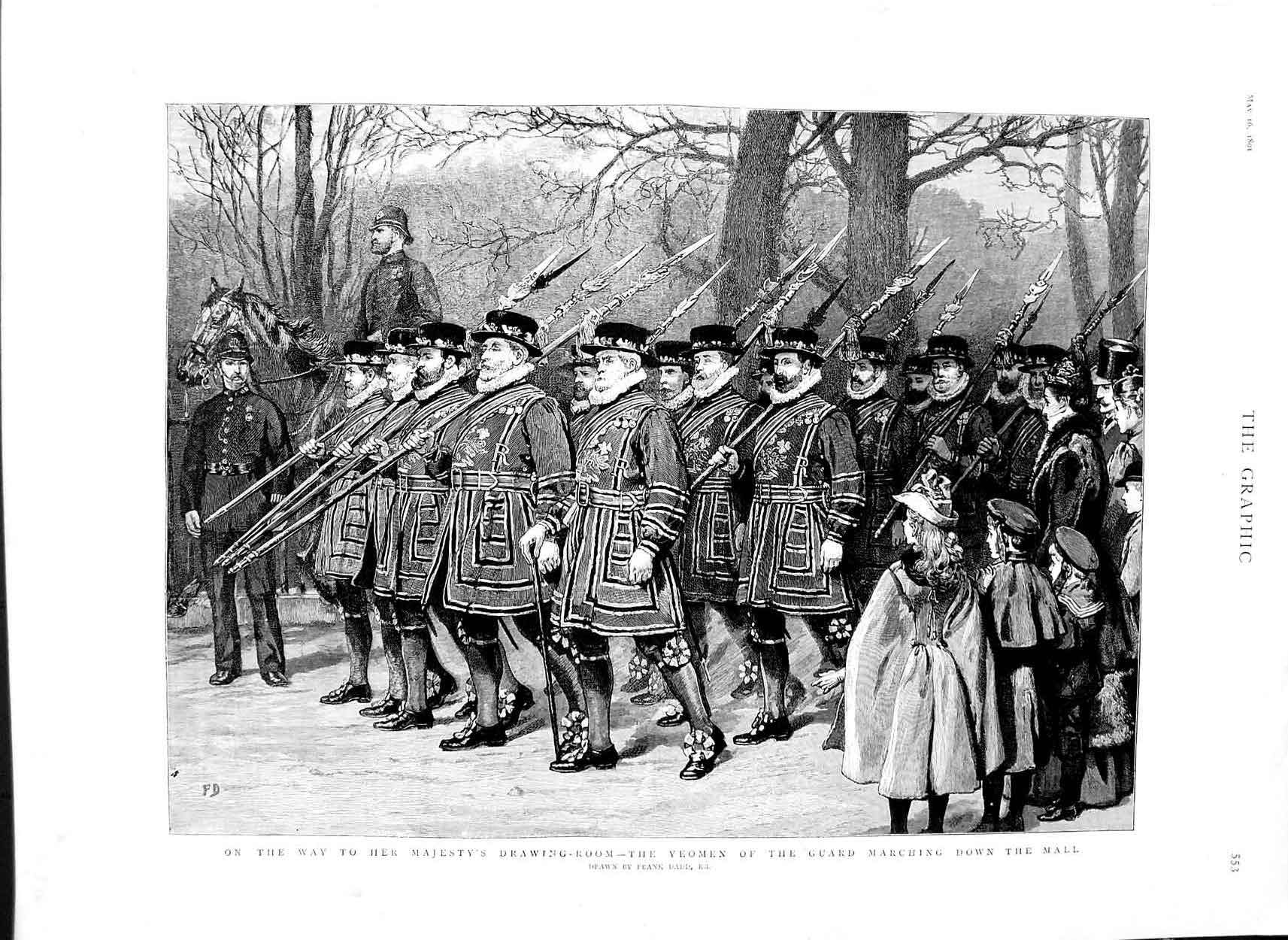 Original Old Antique Print 1891 Yeomen Guard Marching Mall Policeman Horse Art