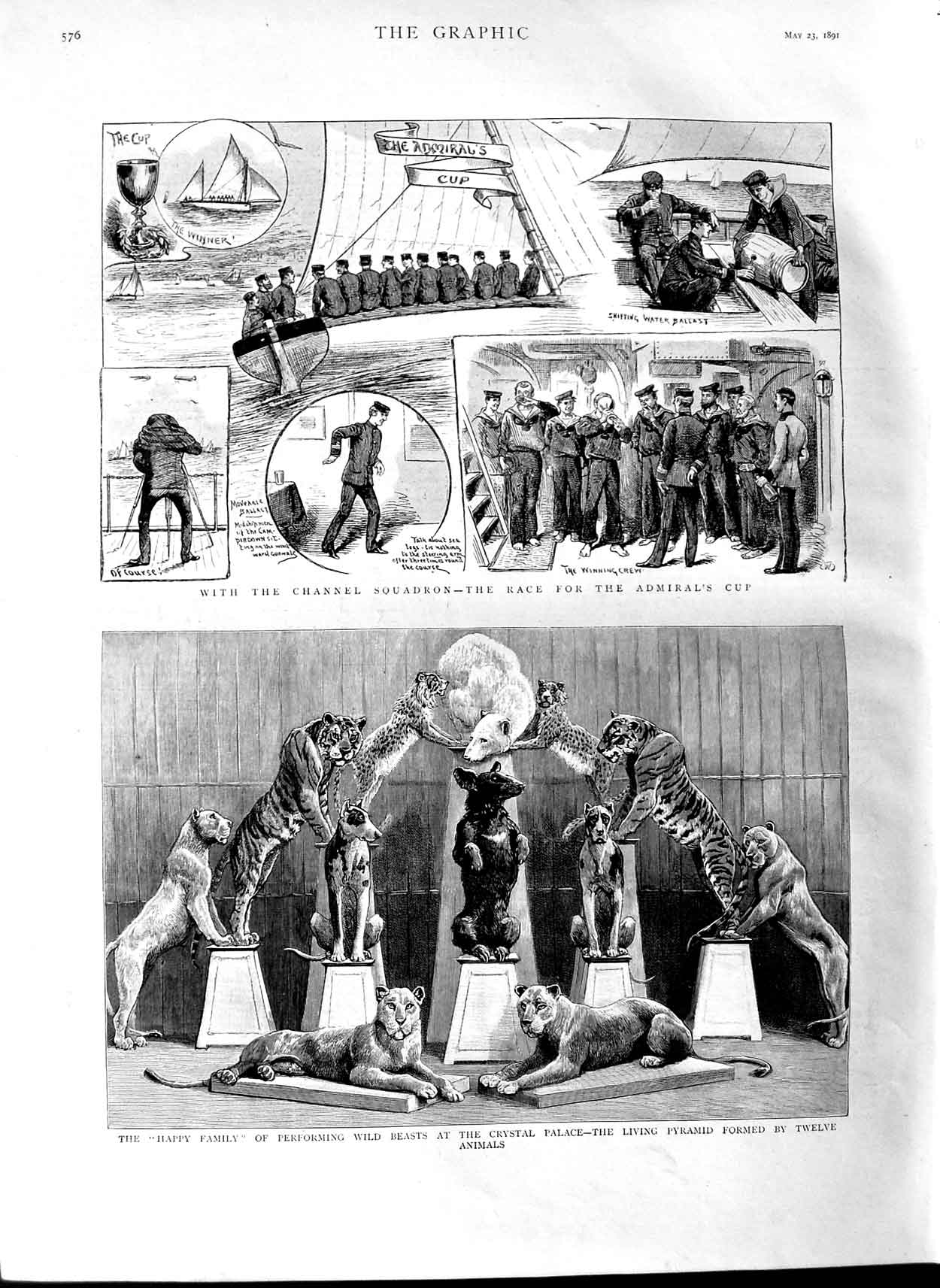 Old Antique Print 1891 Admiral'S Cup Channel Crystal Palace Lions Tigers 19th