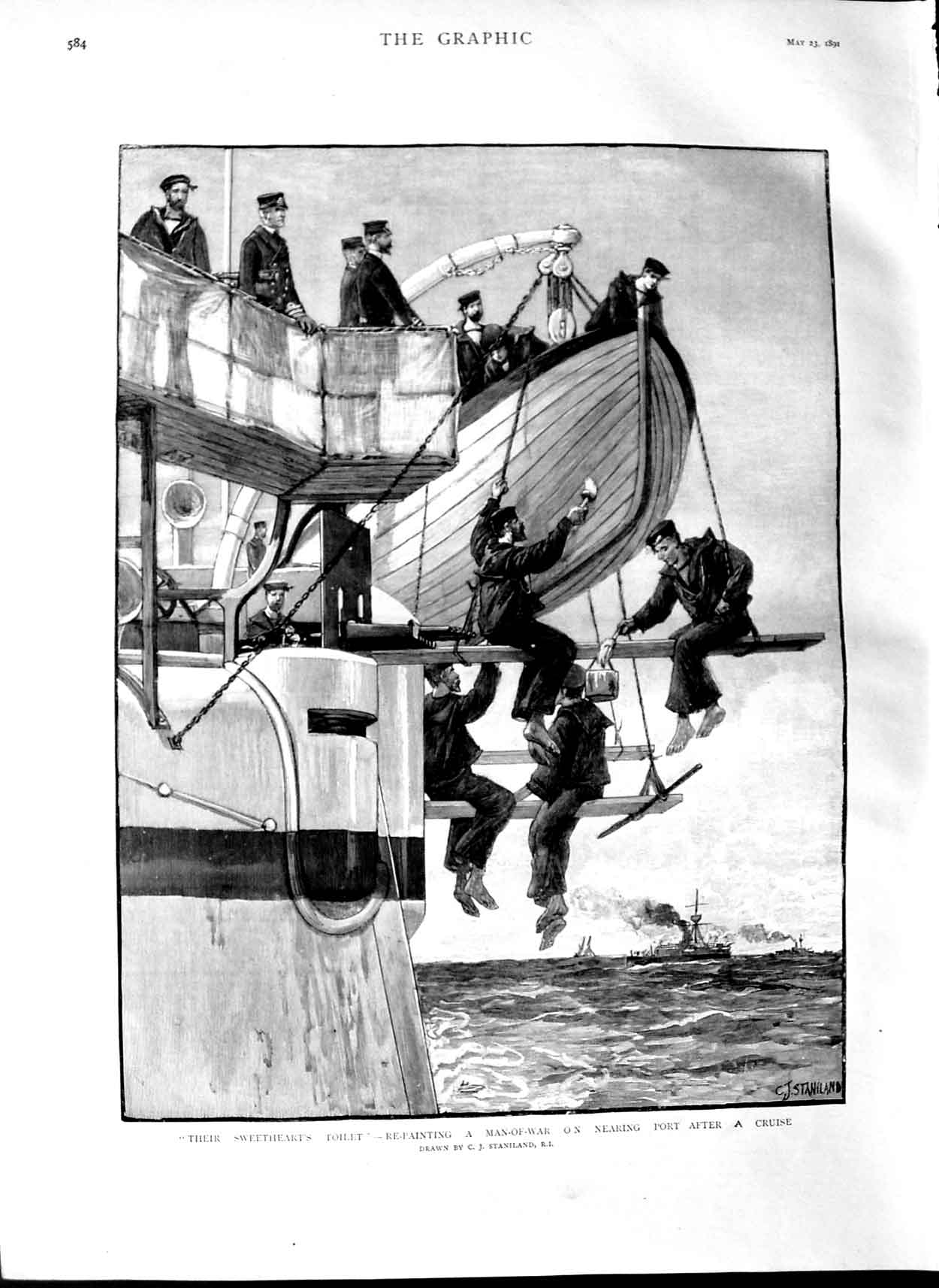 Original Old Antique Print 1891 Sailors Repainting Man-Of-War Ship Staniland