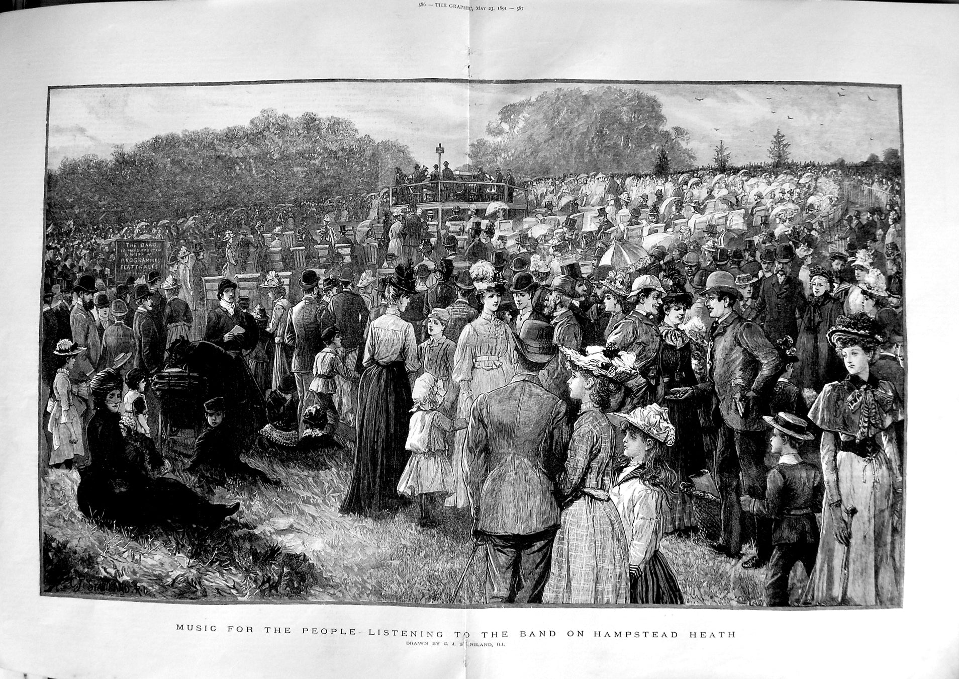 Original Old Antique Print 1891 Hampstead Heath Music Band People Fine Art