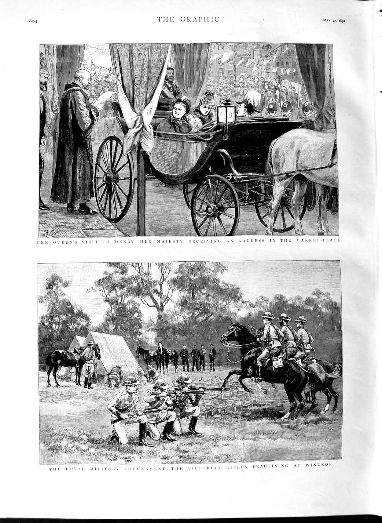Original Old Antique Print 1891 Royal Military Tournament Windsor Queen Derby