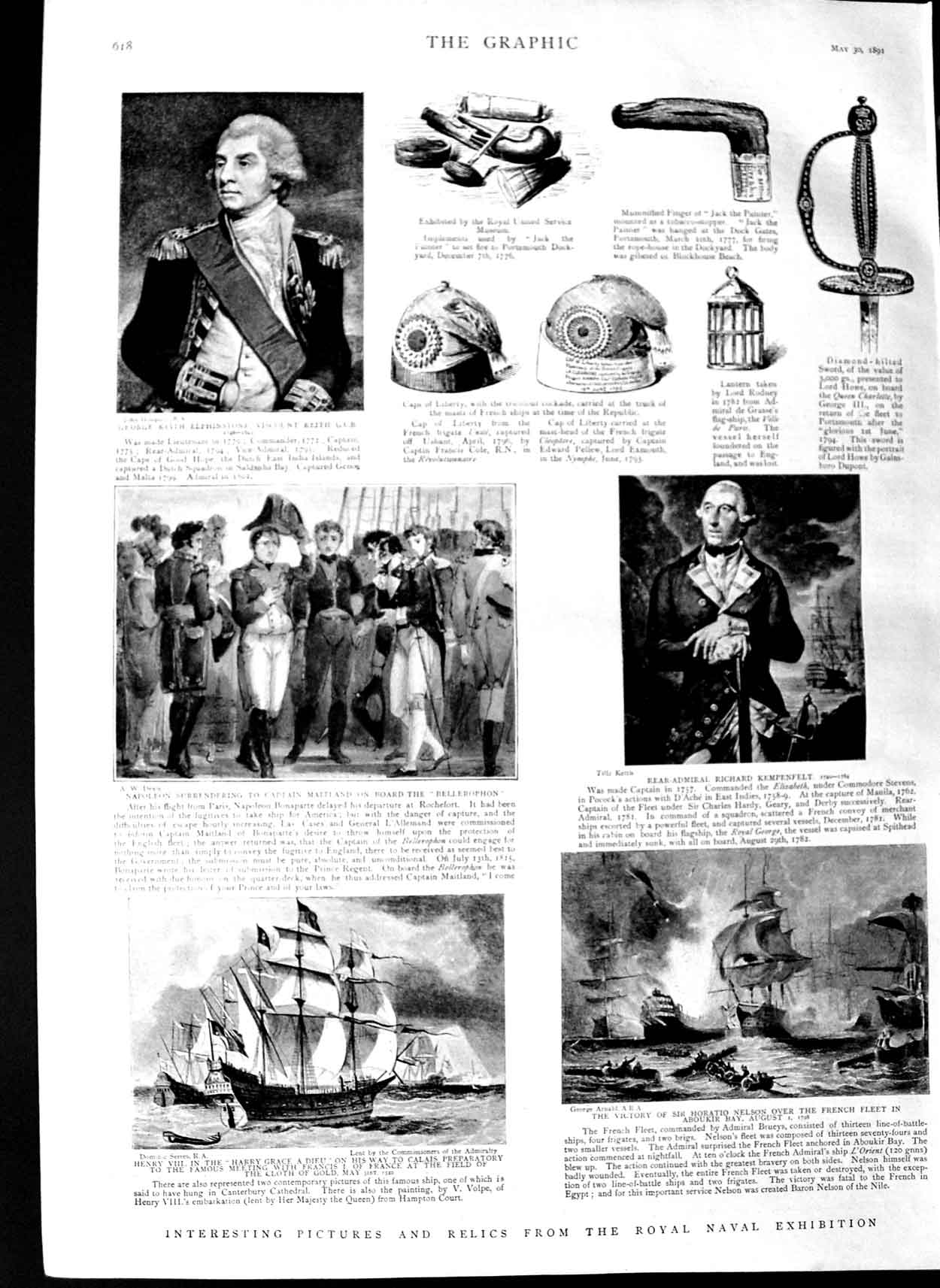 Original Old Antique Print 1891 Royal Navy Exhibition Elphinstone Ships Nelson