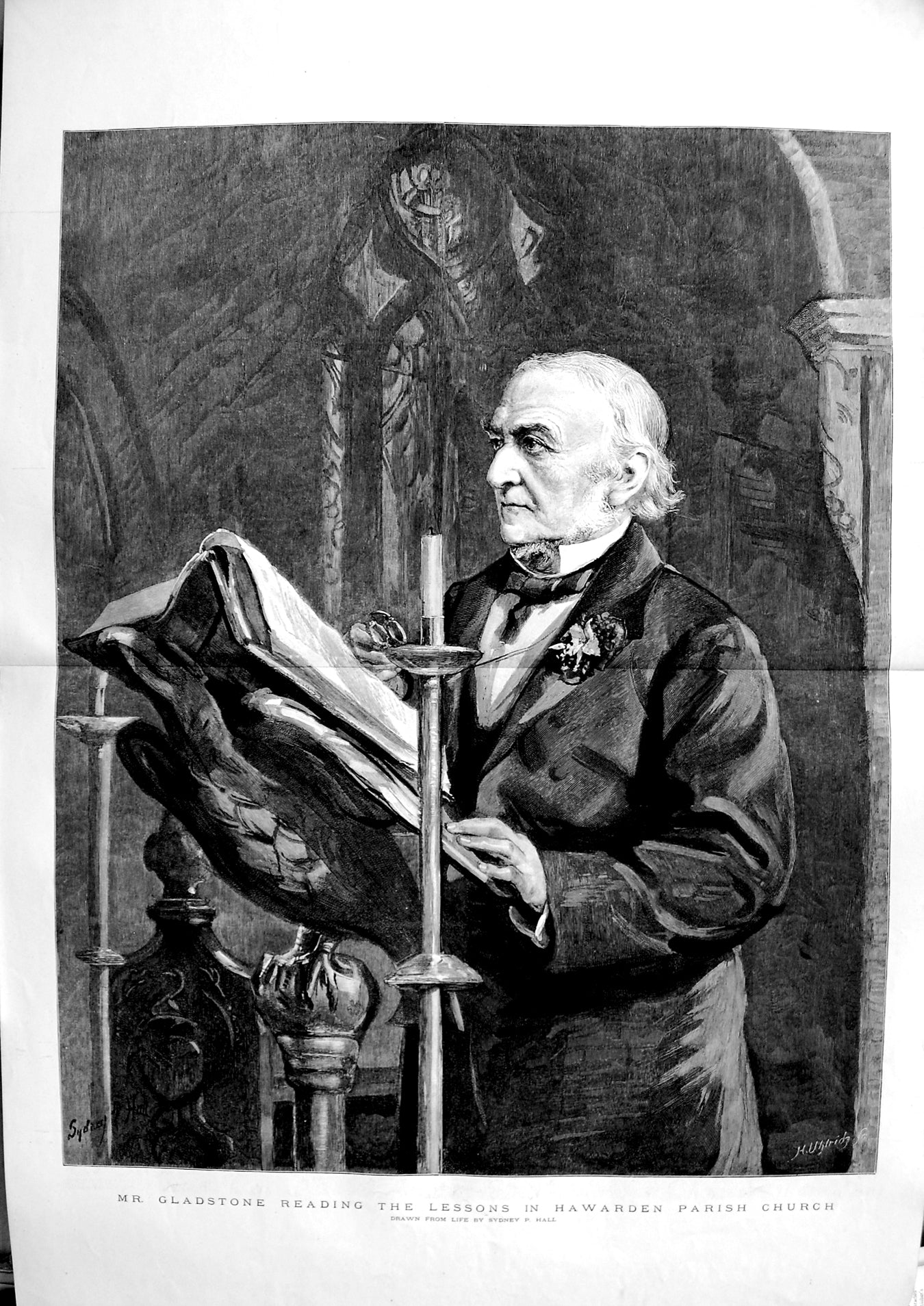Old Antique Print 1891 Gladstone Reading Lesson Hawarden Parish Church 19th