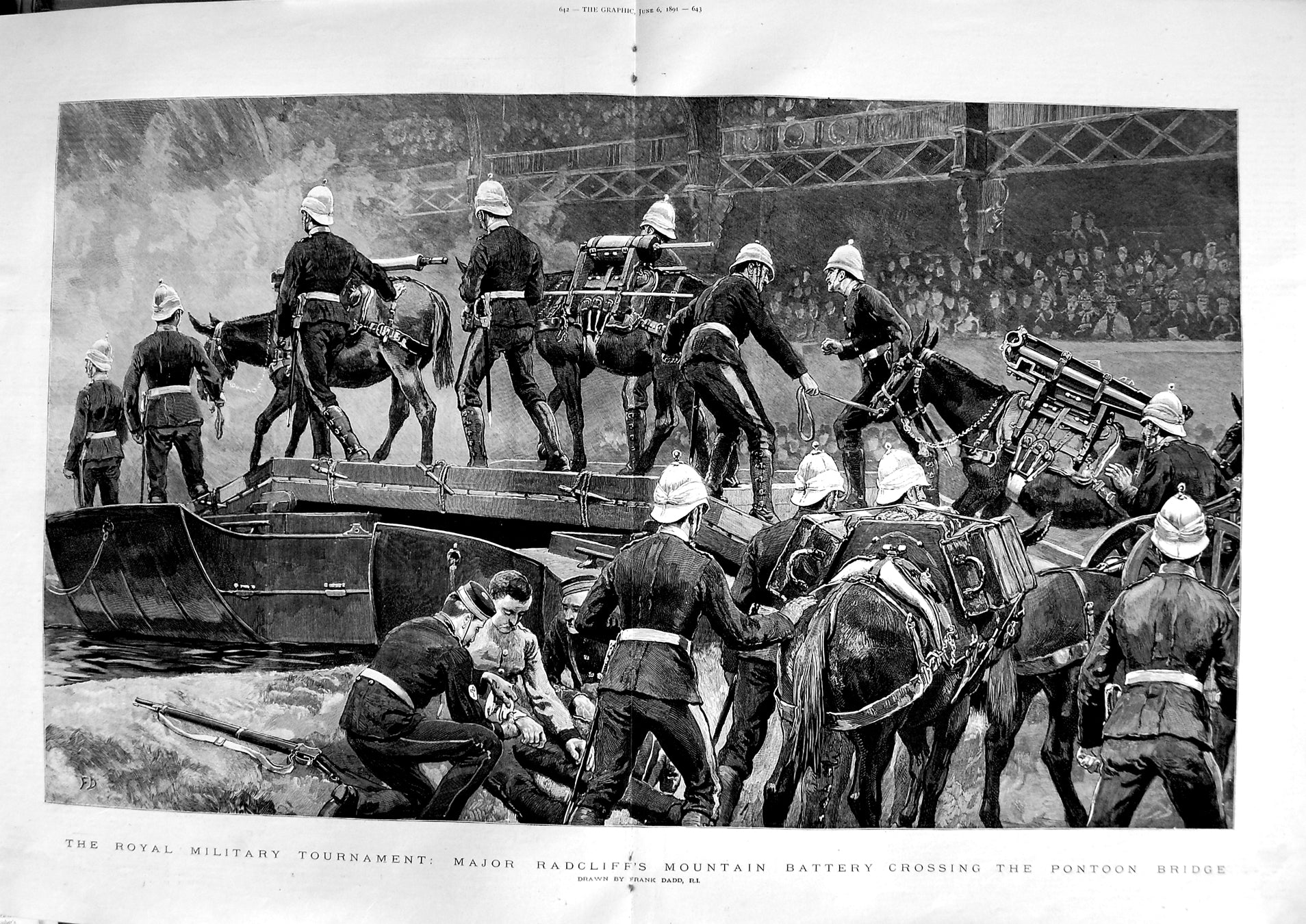 Antique Old Print 1891 Major Radcliff Mountain Battery Pontoon Bridge War 19th