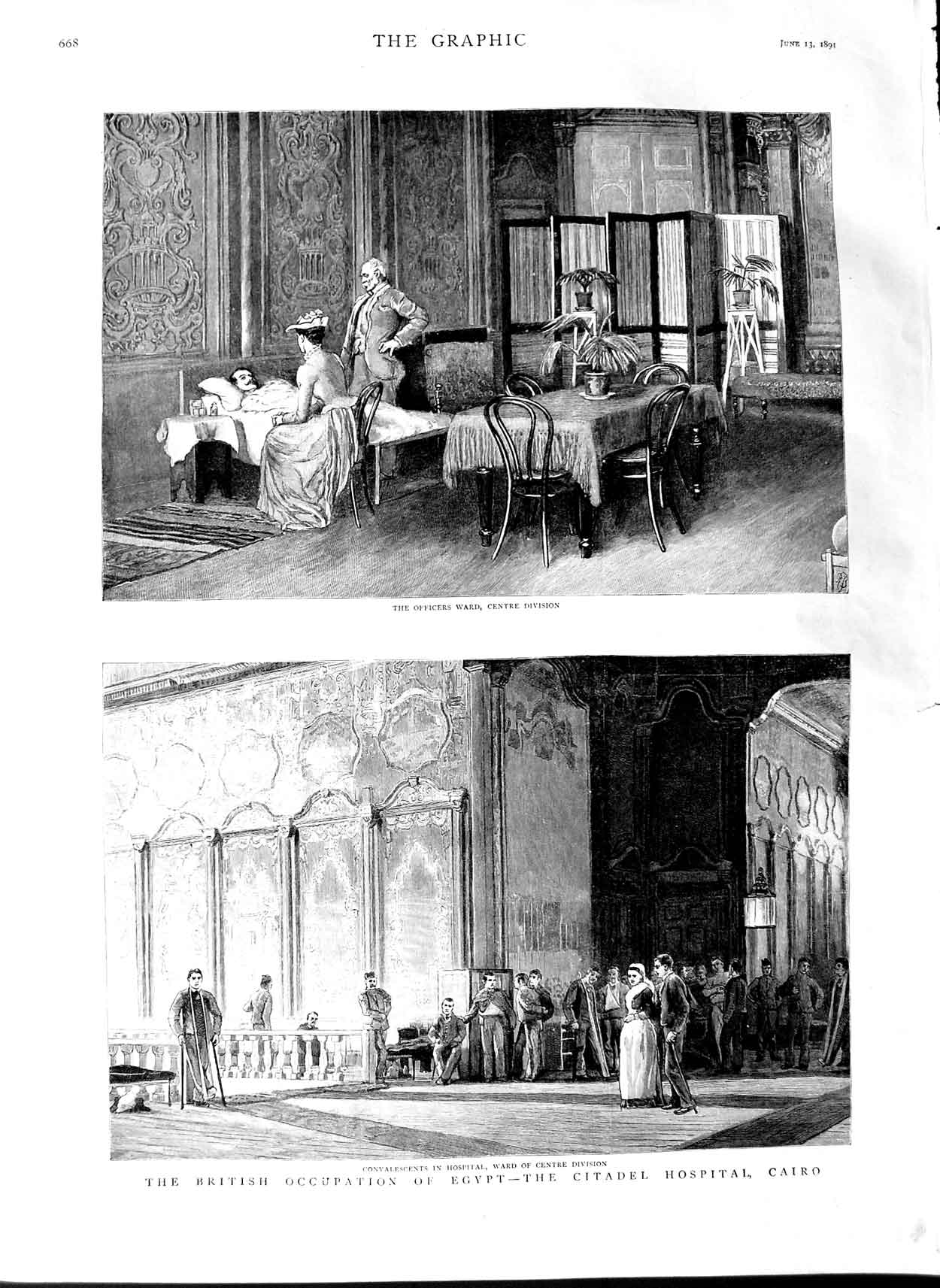 Original Old Antique Print 1891 Egypt Citadel Hospital Cairo Officers Ward Sier