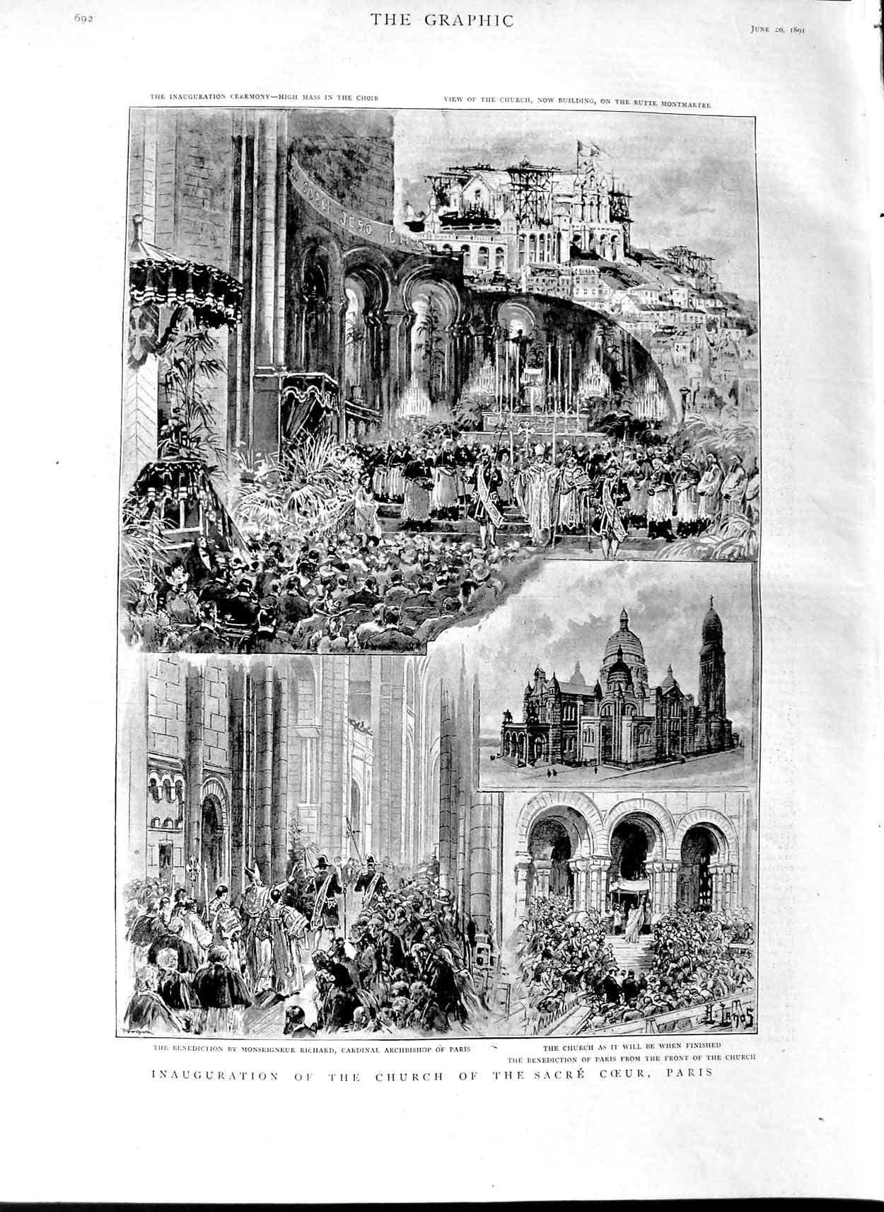 Old Antique Print 1891 Church Sacre Coeur Paris Archbishop Richard France 19th