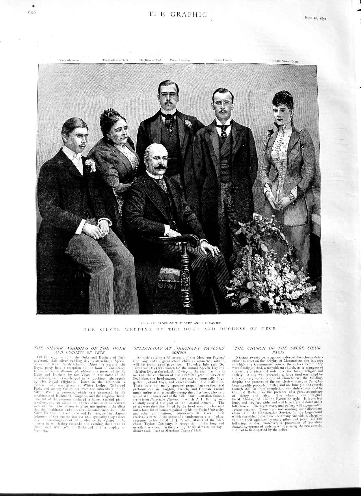 Original Old Antique Print 1891 Silver Wedding Duke Duchess Teck Portrait Group