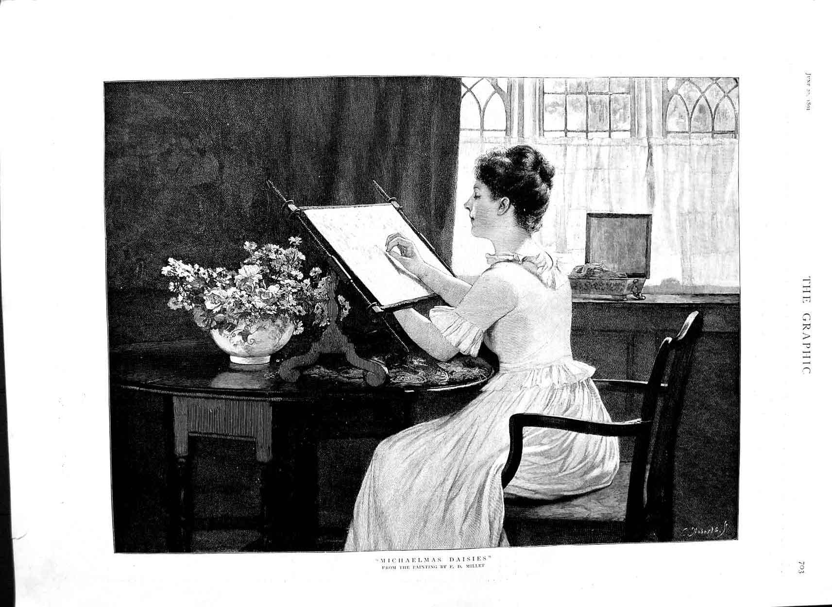 Old Antique Print 1891 Fine Art Michaelmas Daisies Lady Sewing Tapestry 19th