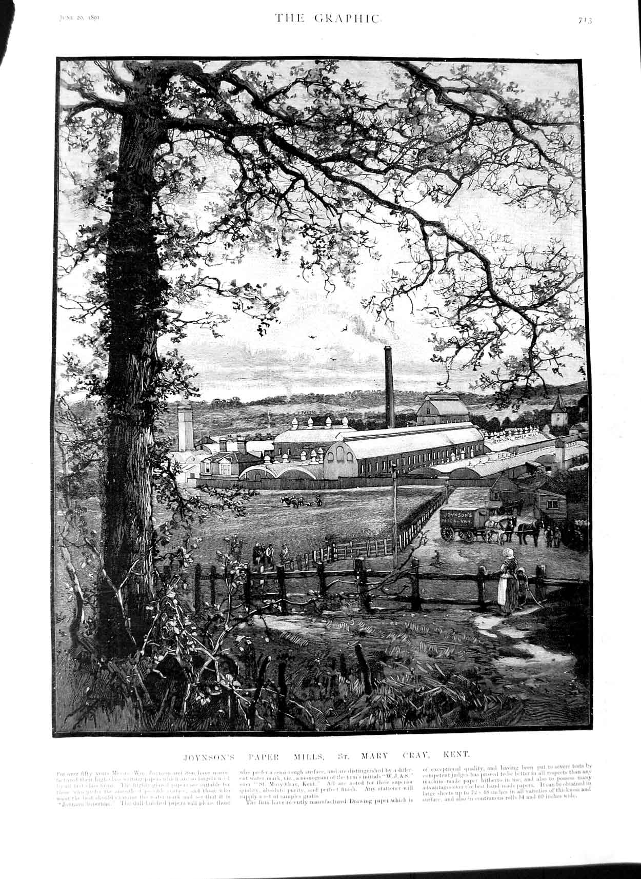 Original Old Antique Print 1891 View Joynson'S Paper Mills St. Mary Cray Kent