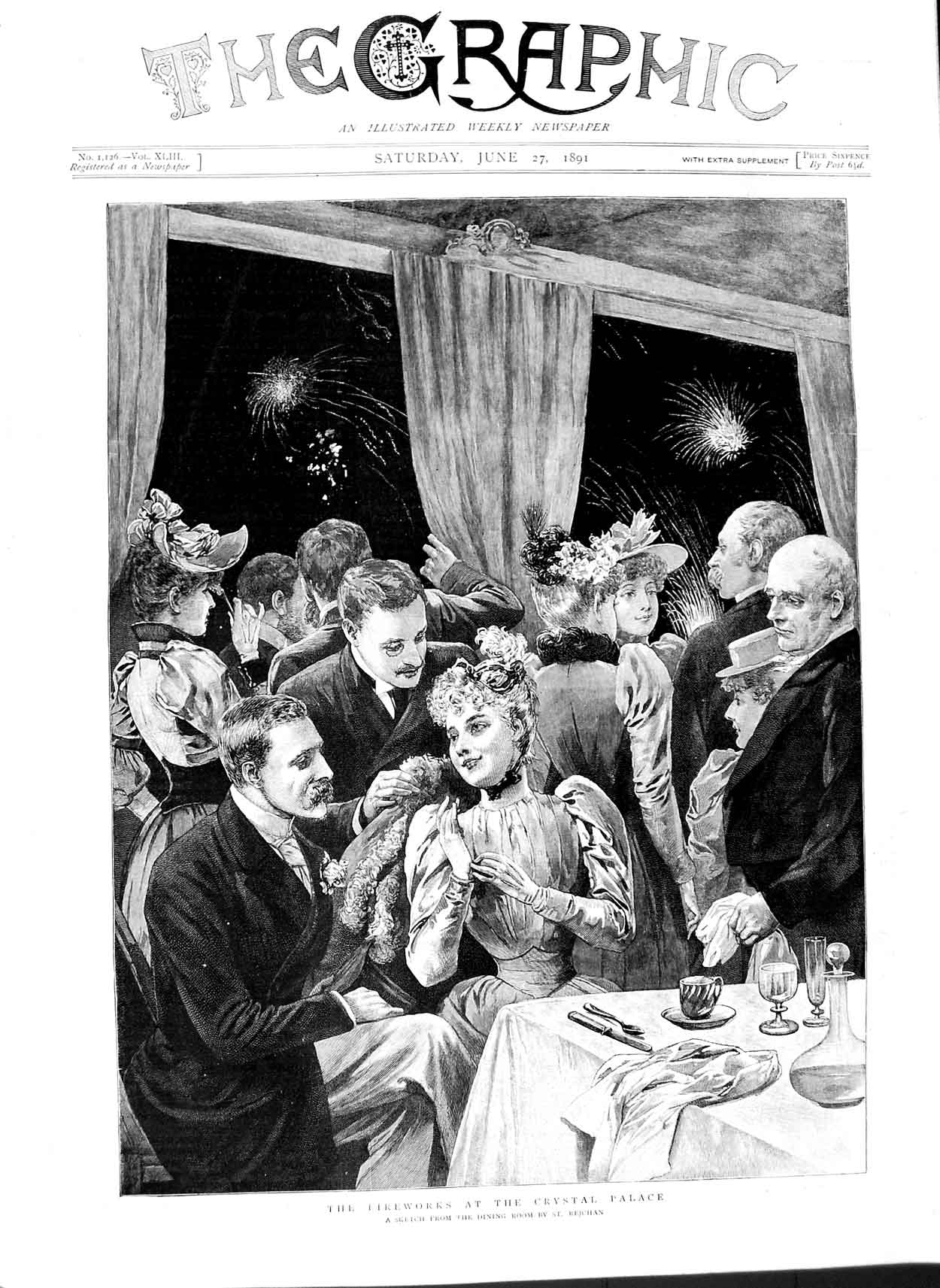 Old Antique Print 1891 Fireworks Crystal Palace Dining Room Rejchan Art 19th
