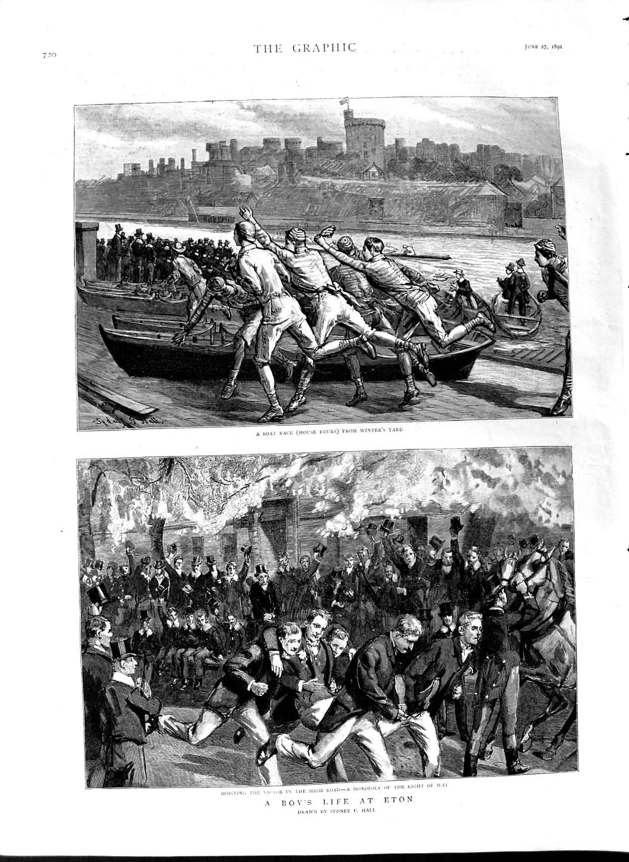 Old Antique Print 1891 Eton Boy'S School Boat Race Cricket Sport Fine Art 19th