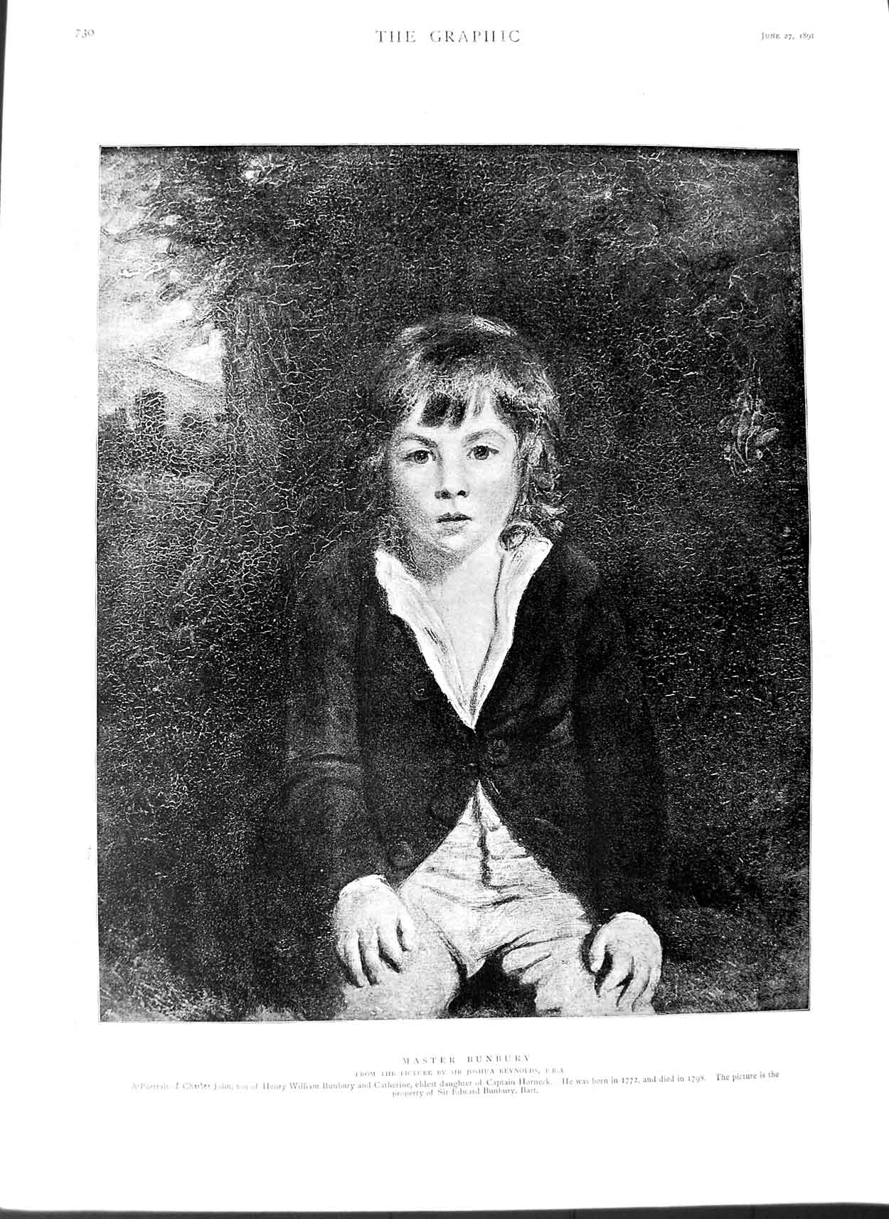 Original Old Antique Print 1891 Portrait Master Charles Bunbury Fine Art 19th