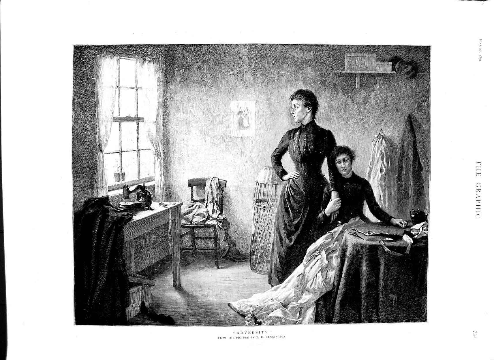 Old Antique Print 1891 Kennington Fine Art Ladies Sewing Room House Scene 19th