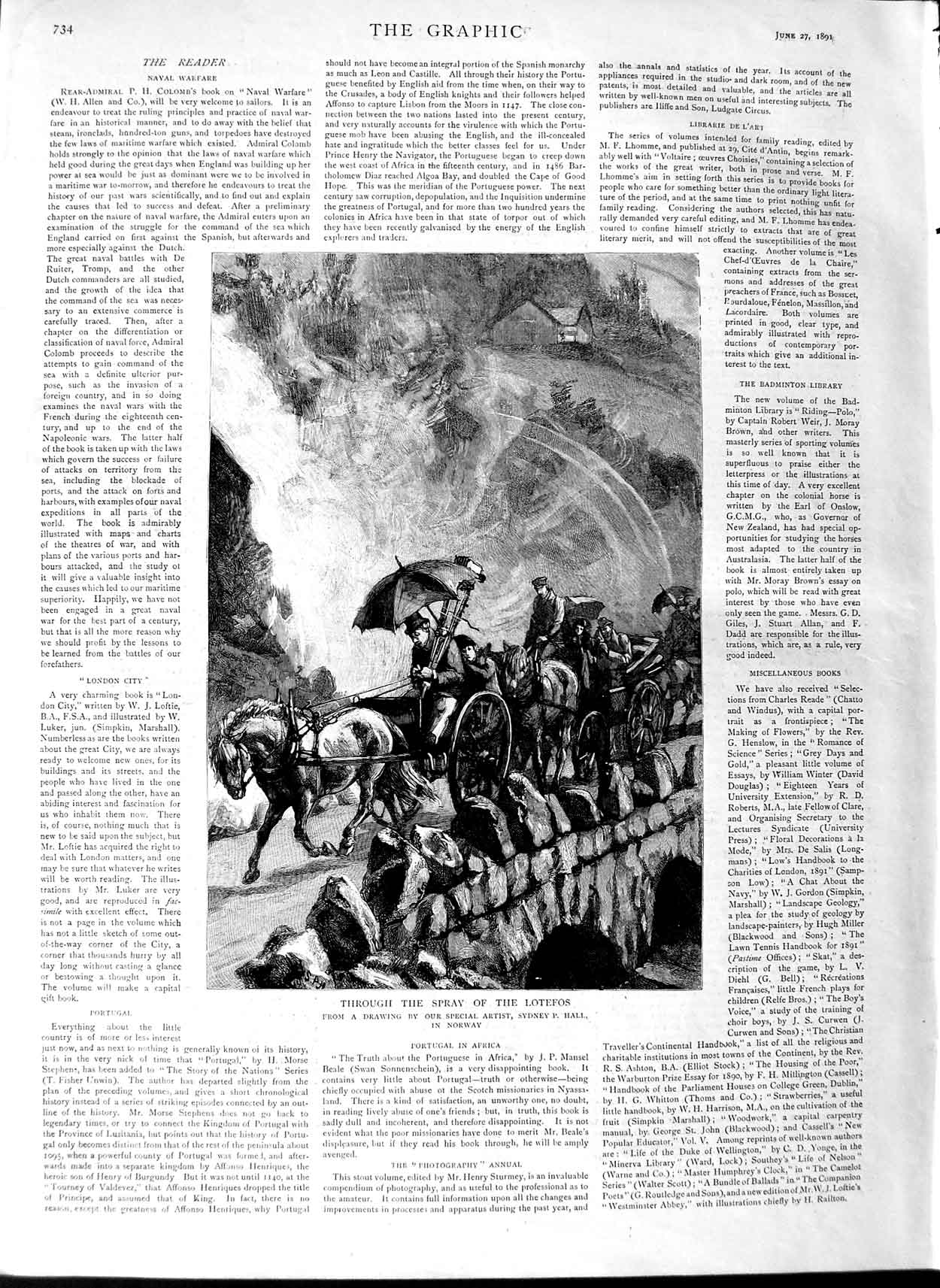 Original Old Antique Print 1891 Horses Coach Bridge Lotefos Norway Victorian