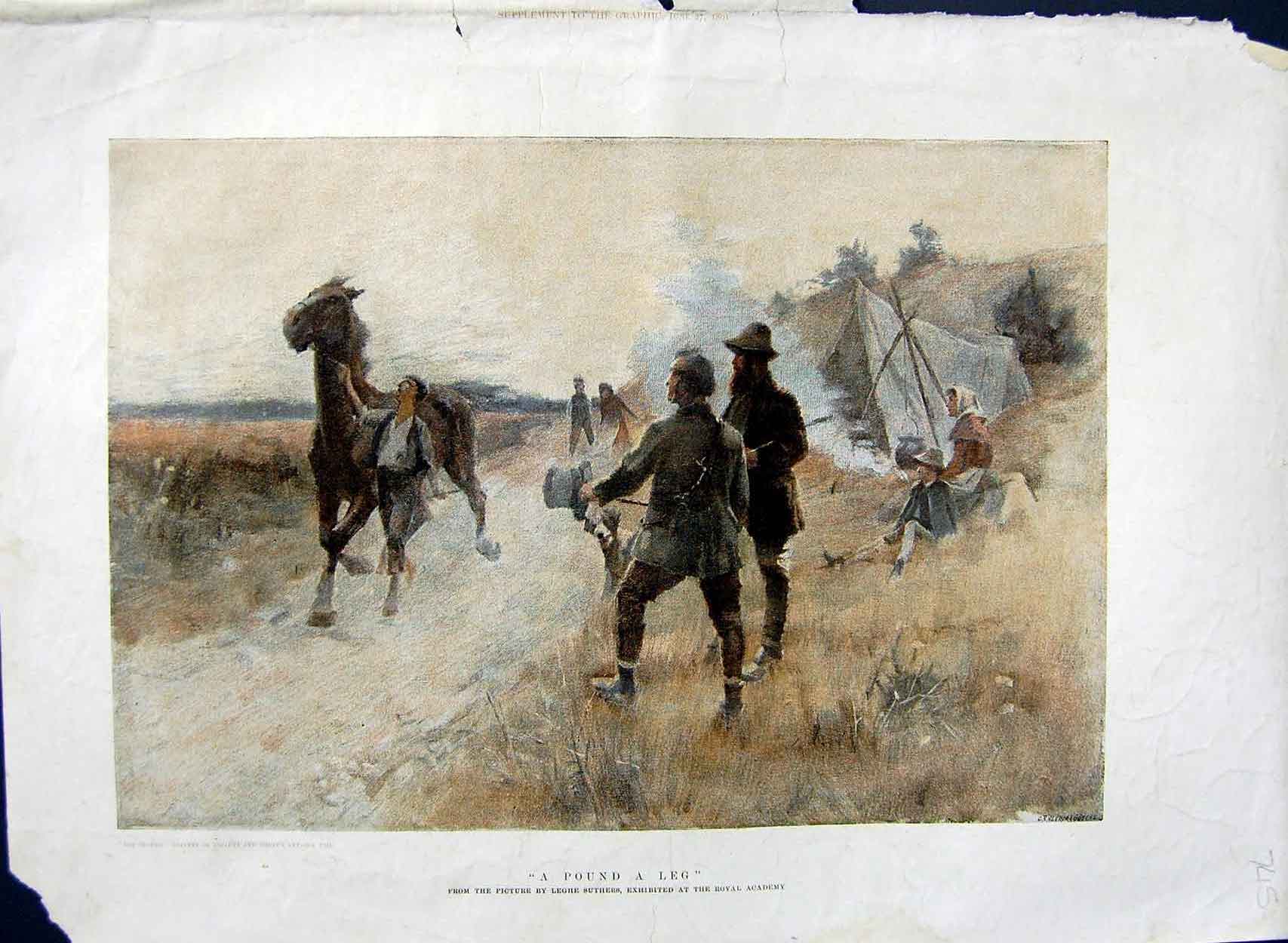 Original Old Antique Print 1891 Colour Horse Country Camp Tent Suthers Art 19th